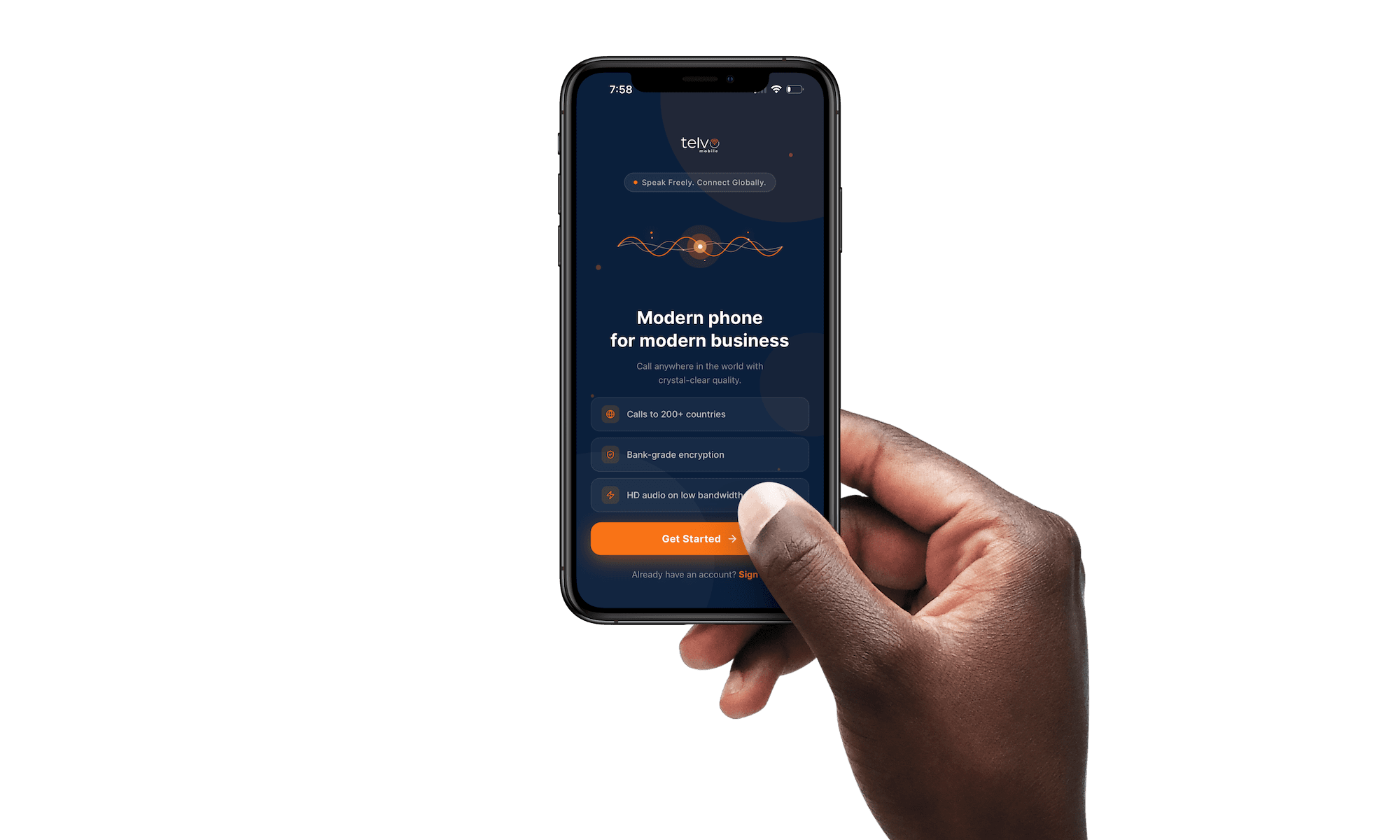 The Telvo app open on a phone, showing the call-to-anywhere home screen