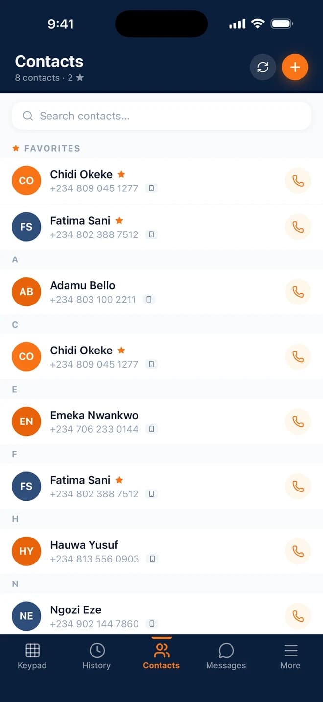 Contacts in the Telvo app, favourites first