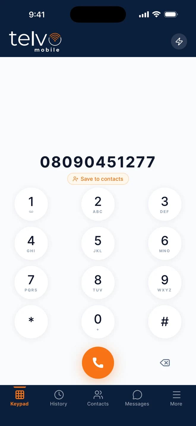 The Telvo app keypad with a number typed