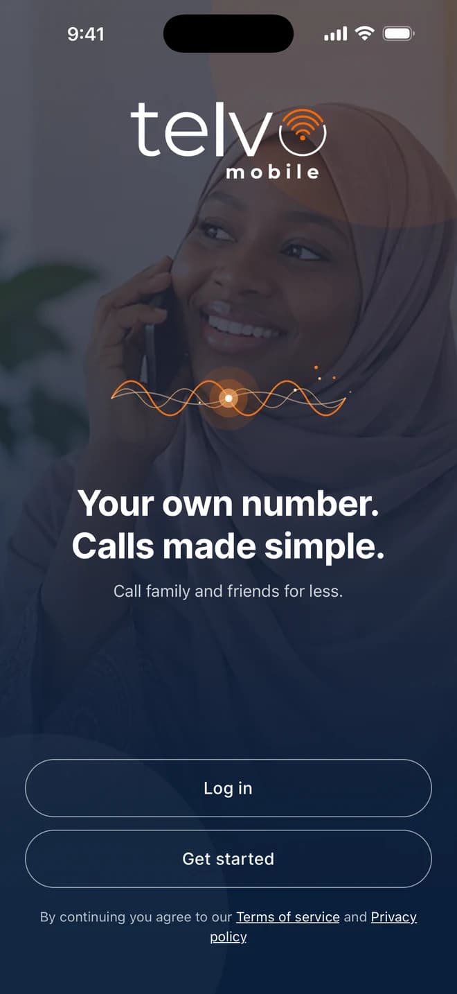 The Telvo app welcome screen: Your own number. Calls made simple.